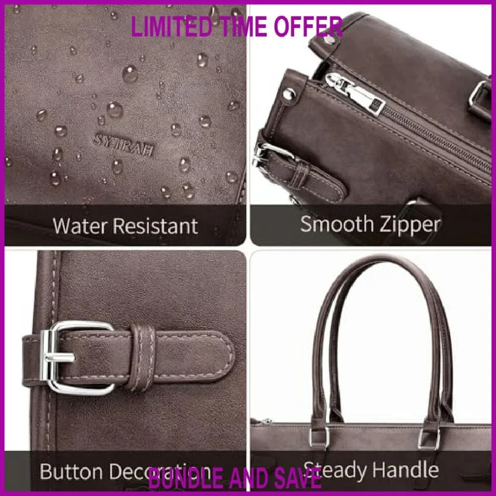 15.6 Inch Vegan Leather Laptop Tote Bag with 9 Pockets, Shoulder & Handbag